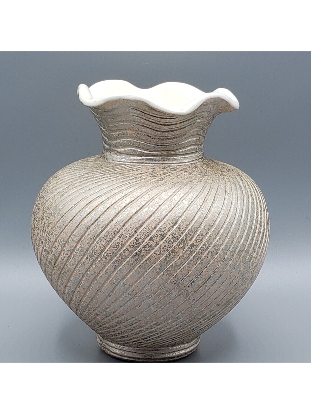 Vintage Shawnee Pottery Vase Metallic Silver Swirl on Pink Ruffled Edge 1409